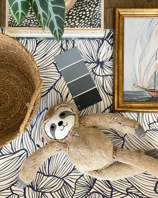 Nursery Makeover with Lined Flowers Navy Wallpaper
