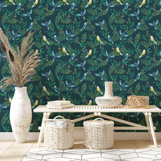 Birdie Teal Floral Wallpaper