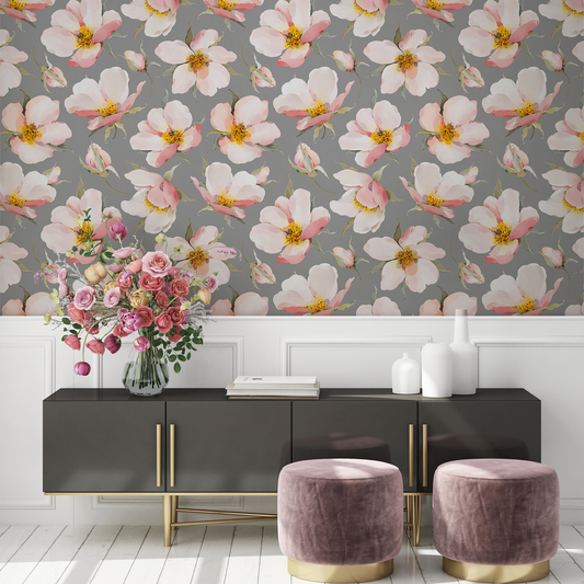 Blooms Light Gray Floral Wallpaper