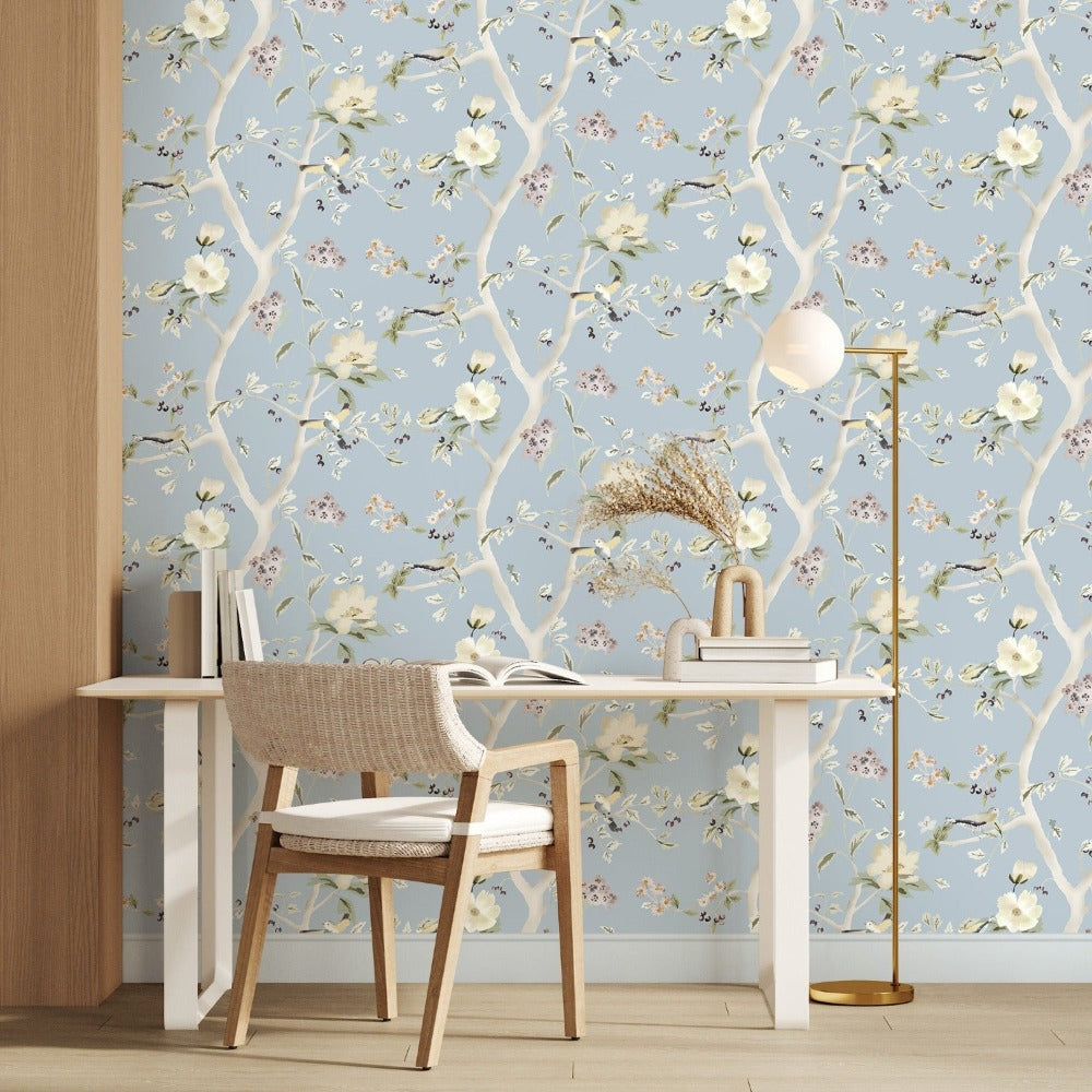 Chinoiserie Blossom Blue Floral Traditional and Removable Wallpaper ...