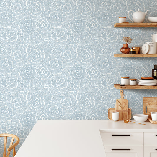 Garden Rose Blue Floral Wallpaper