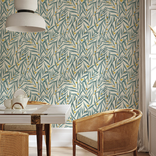 Golden Wattle Leaves Beige Floral Wallpaper