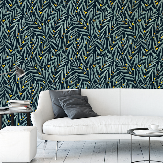 Golden Wattle Leaves Navy Floral Wallpaper