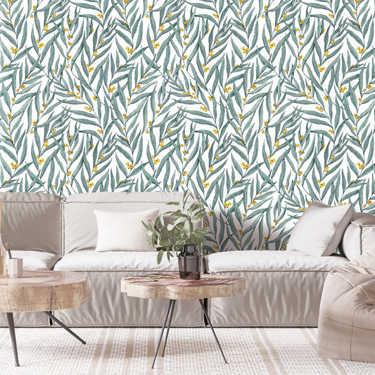 Golden Wattle Leaves White Floral Wallpaper