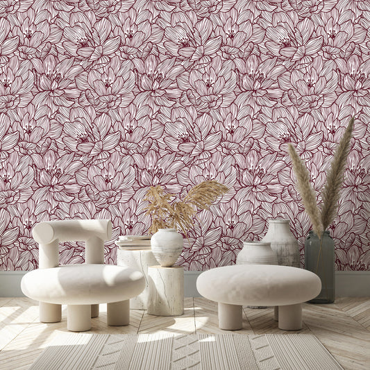 Lined Flowers Burgundy Floral Wallpaper