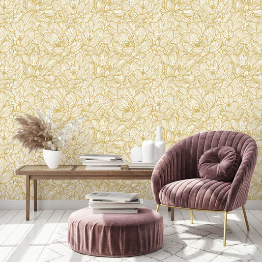 Lined Flowers Gold Floral Wallpaper
