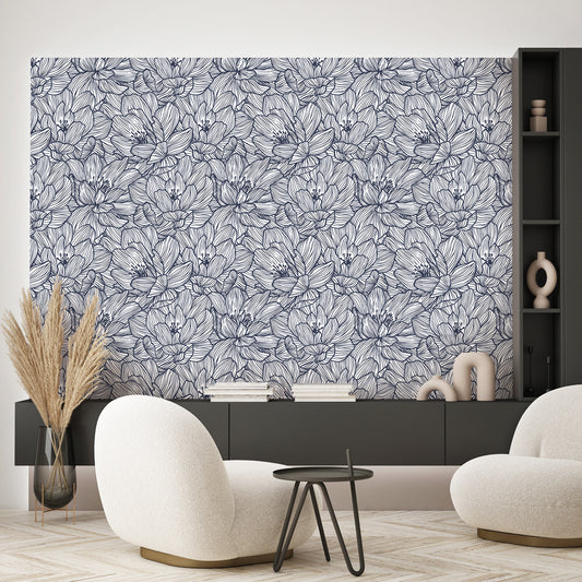 Lined Flowers Navy Floral Wallpaper