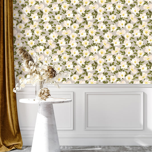 White Flower Beige Floral Wallpaper