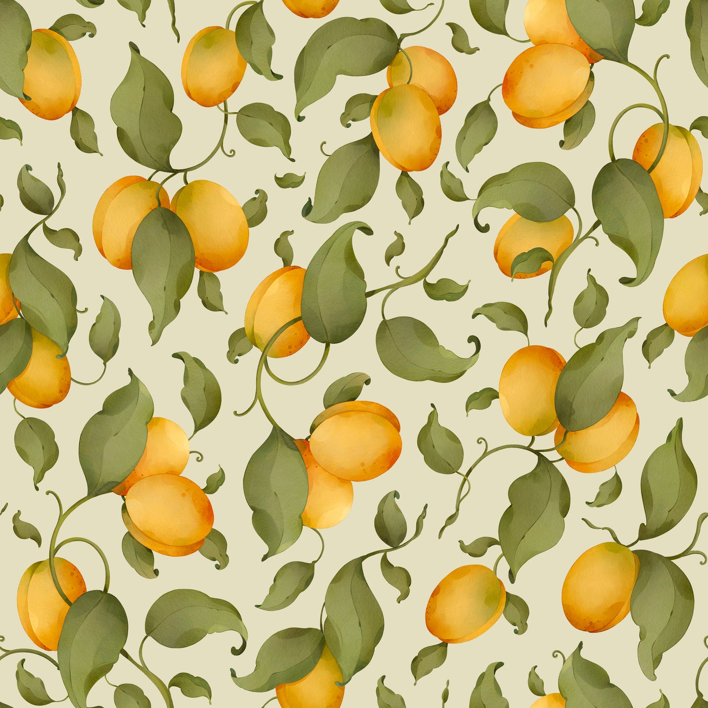 Green Apricots Floral Fruit Wallpaper Tile