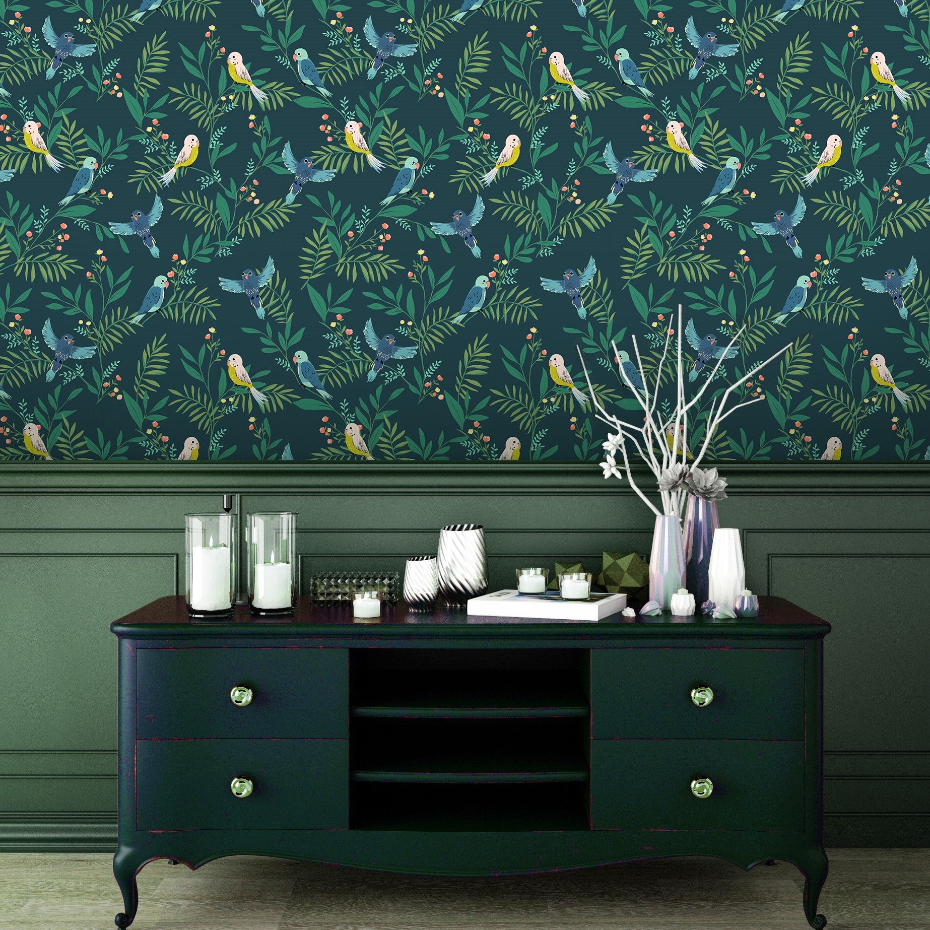 Birdie Teal Floral Wallpaper