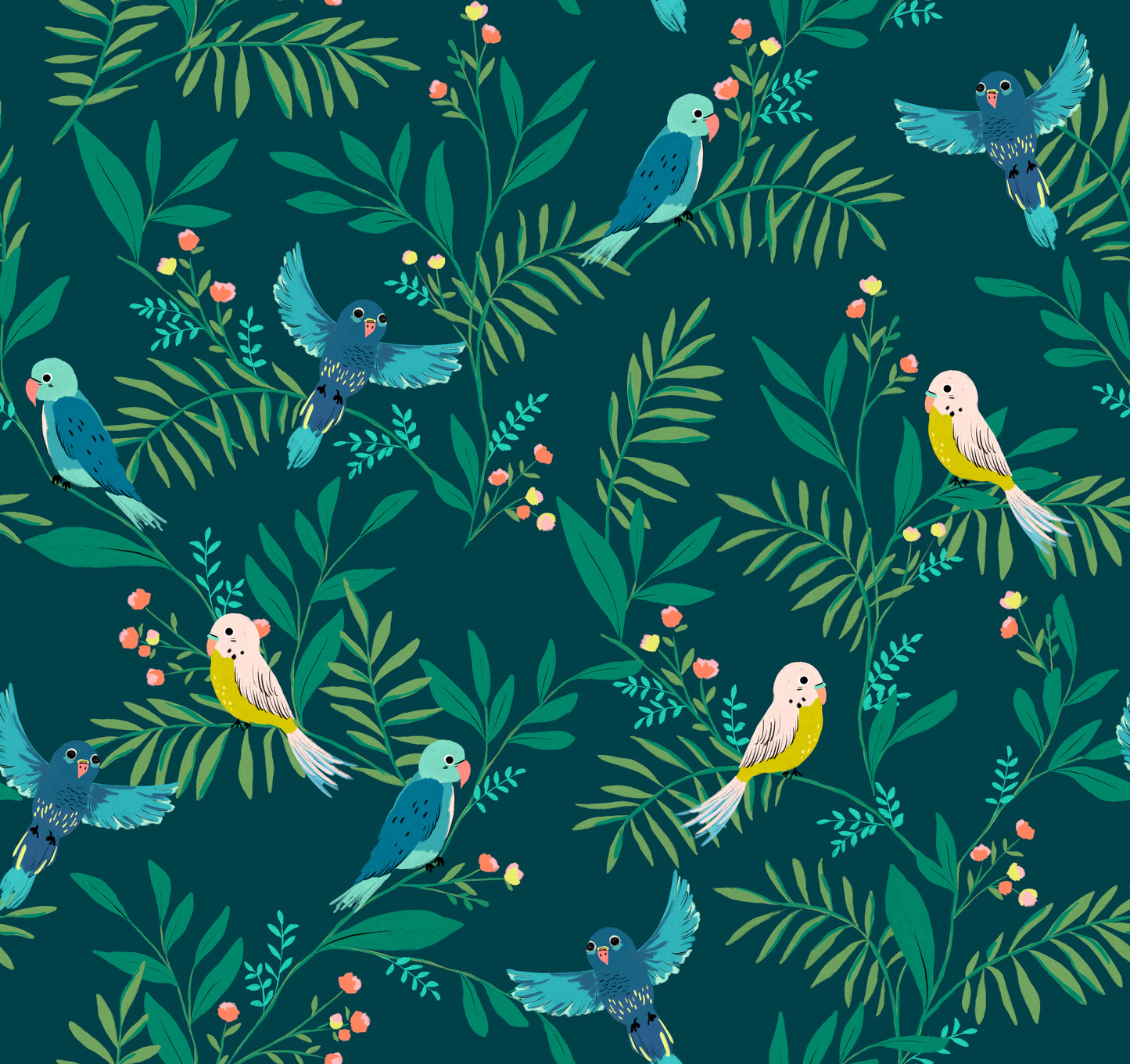 Birdie Teal Floral Wallpaper