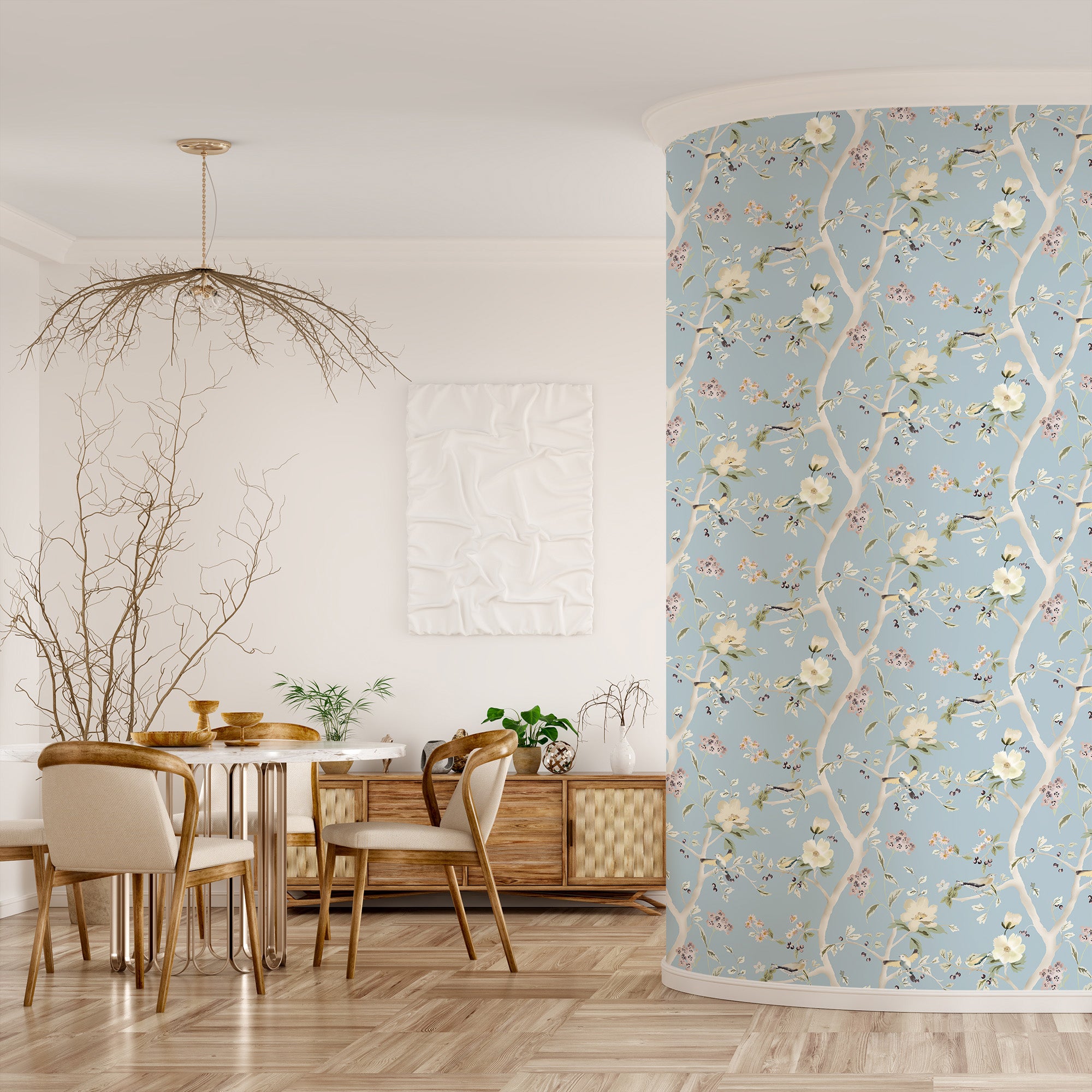 Chinoiserie Flowers and Blue Birds Black Wallpaper Mural - Wall A Plus