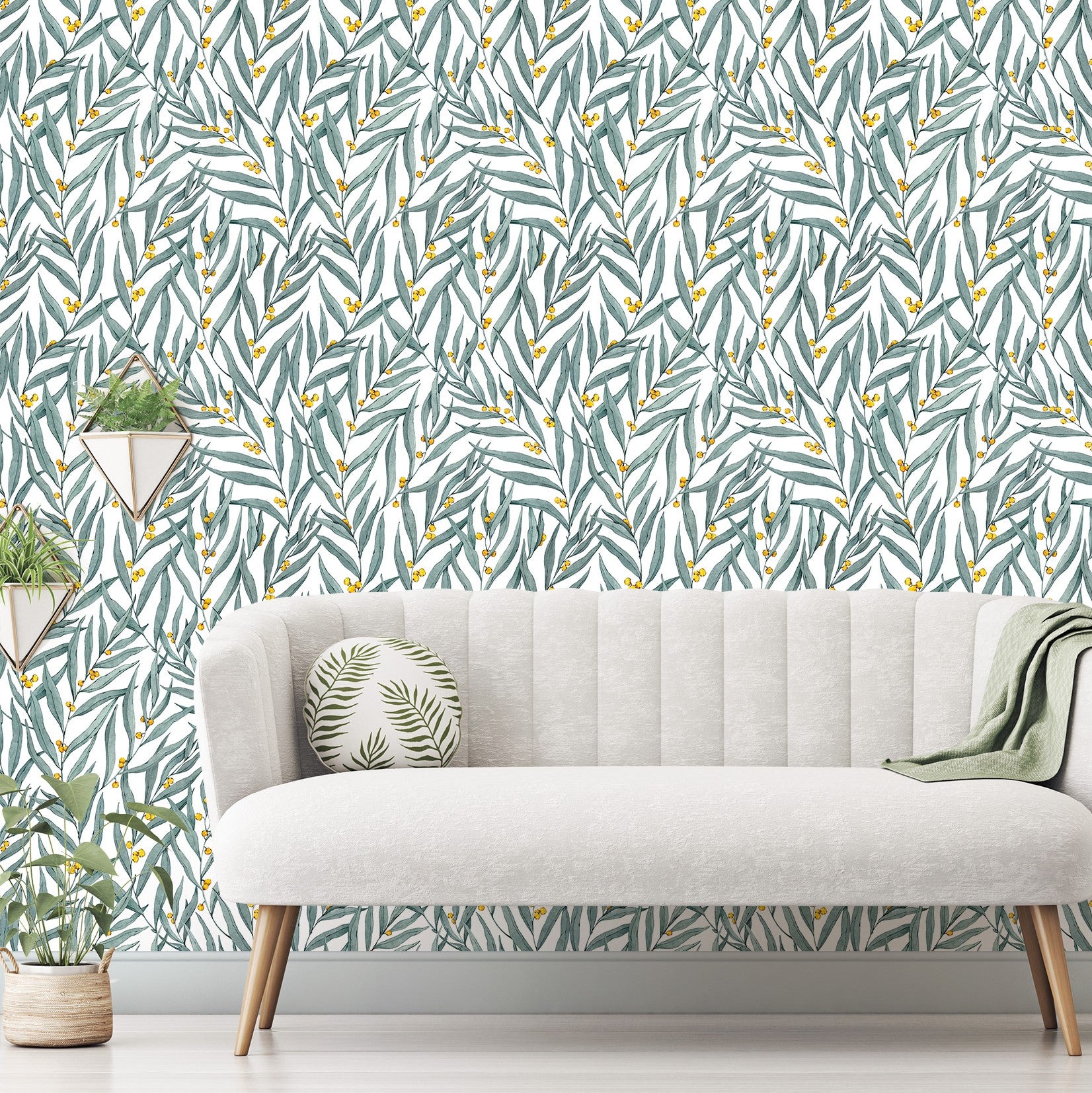 Golden Wattle Leaves White Floral Wallpaper