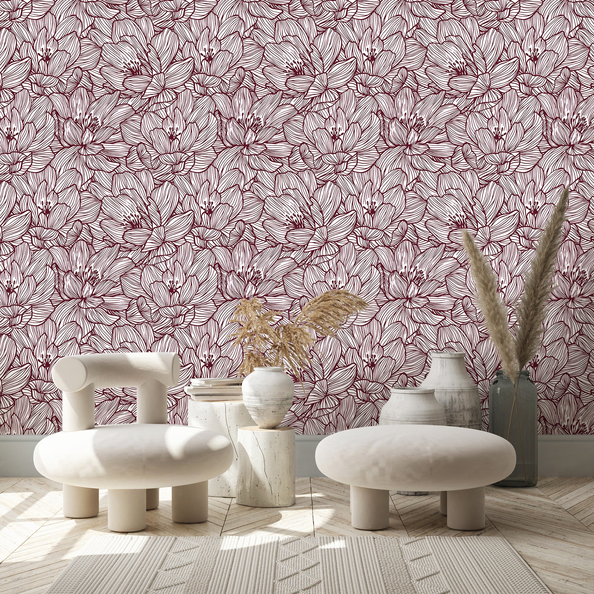 Lined Flowers Burgundy Floral Traditional and Removable Wallpaper ...