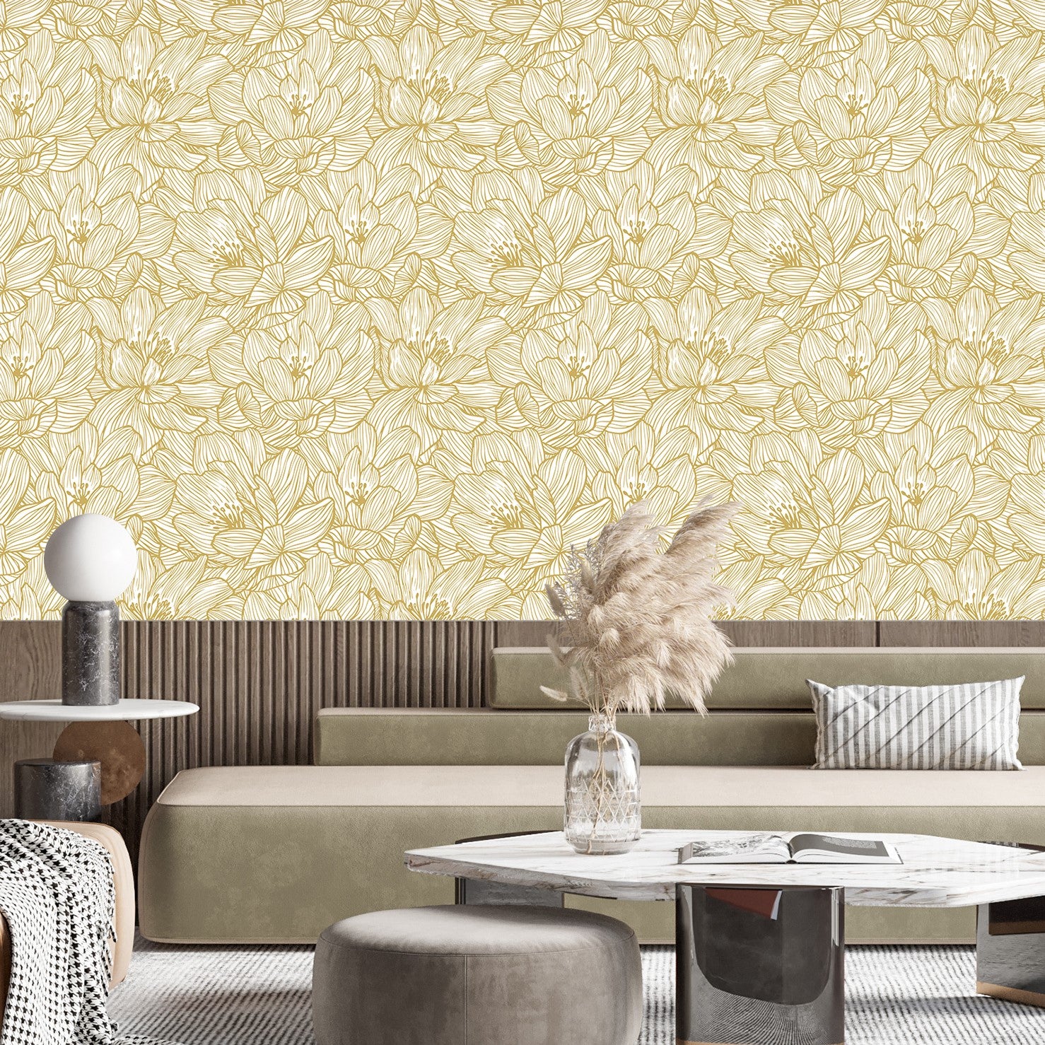 Lined Flowers Gold Floral Wallpaper