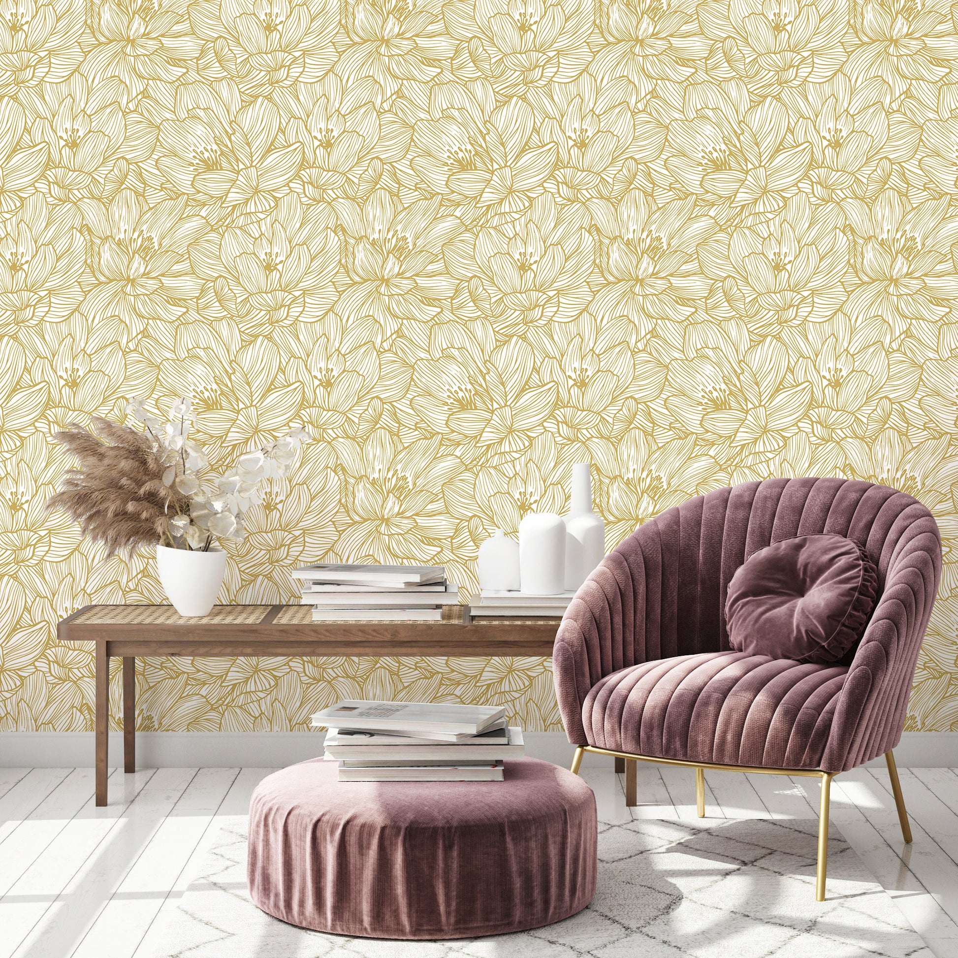 Lined Flowers Gold Floral Wallpaper