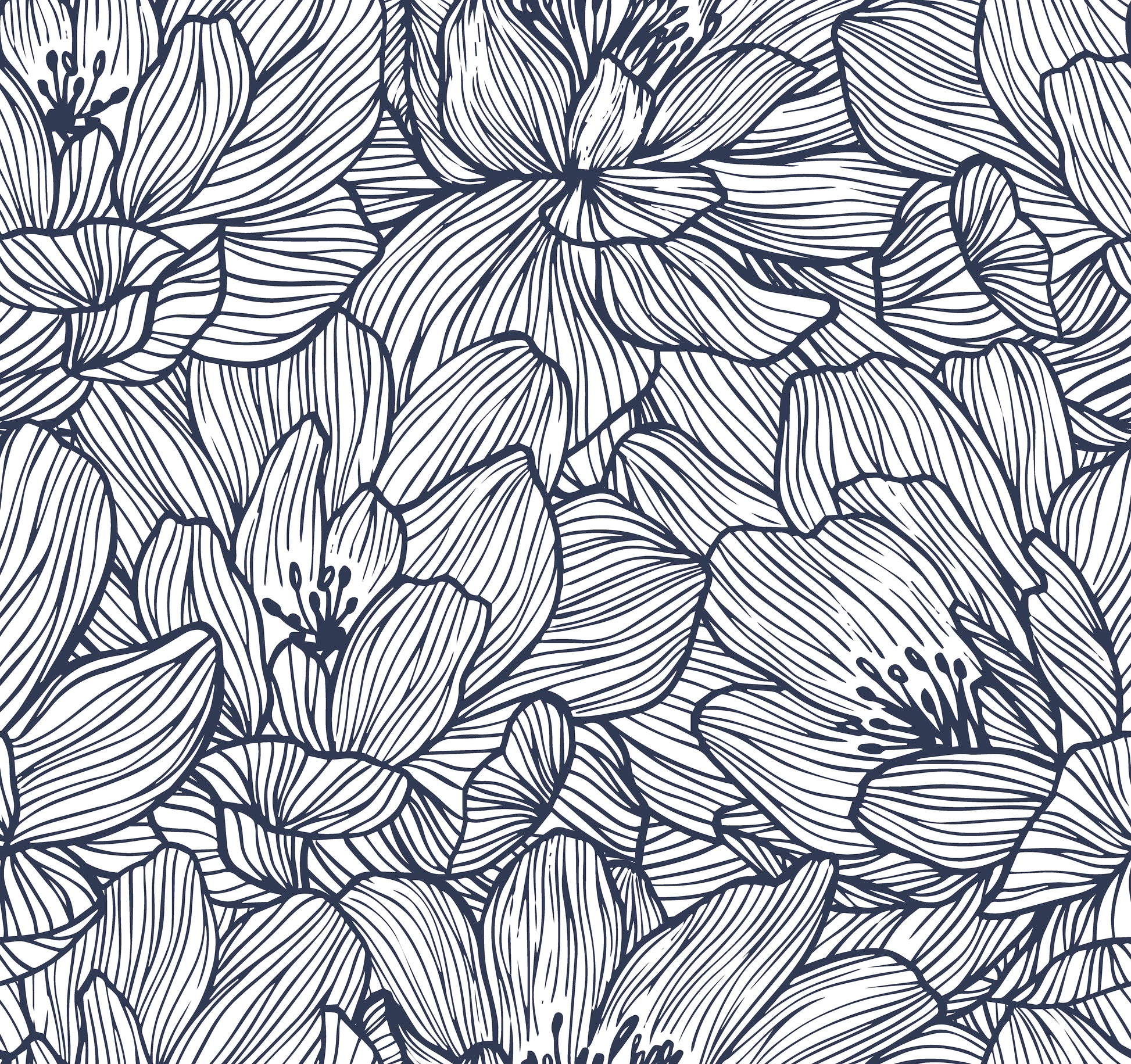Lined Flowers Navy Floral Wallpaper