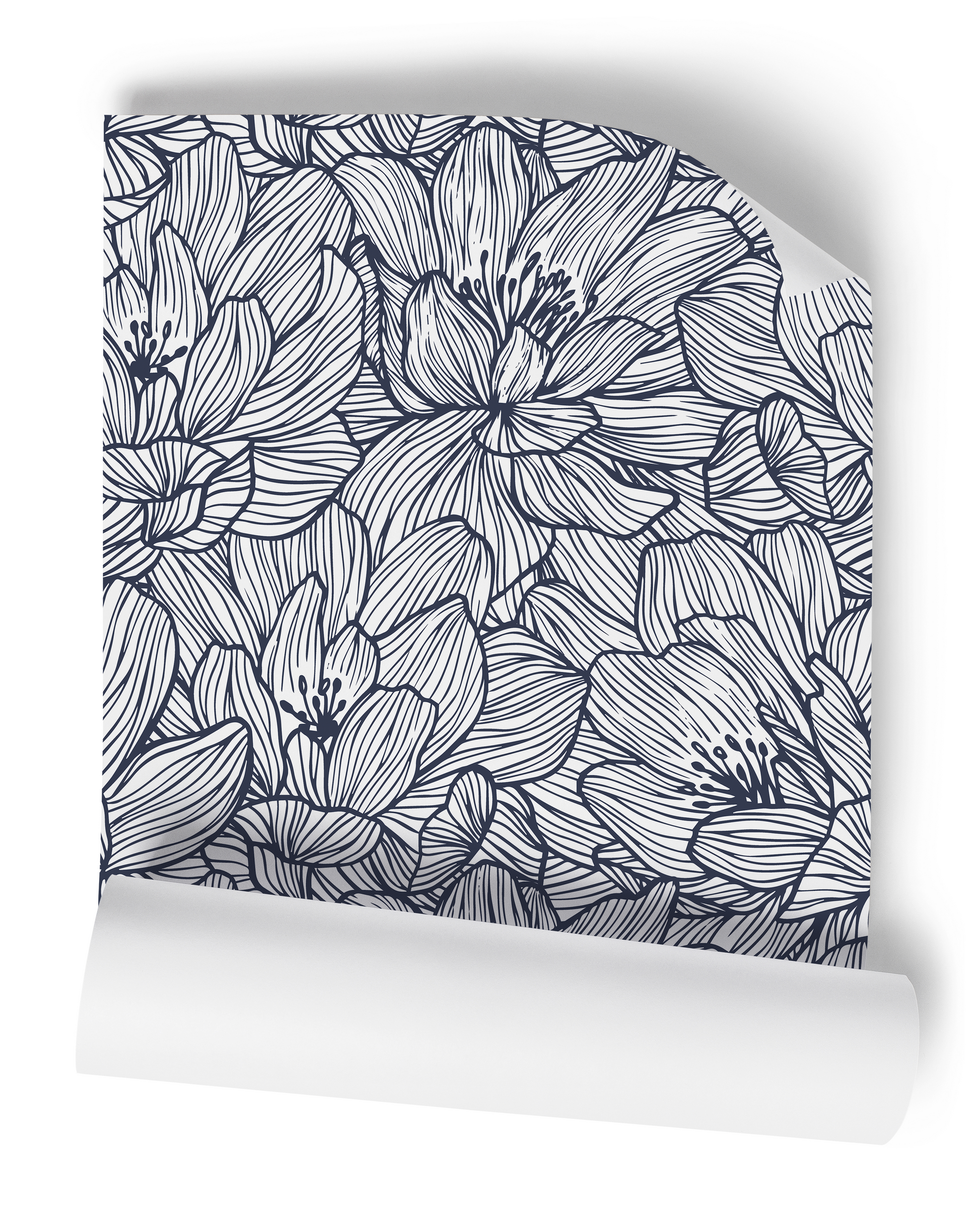 Lined Flowers Navy Floral Wallpaper