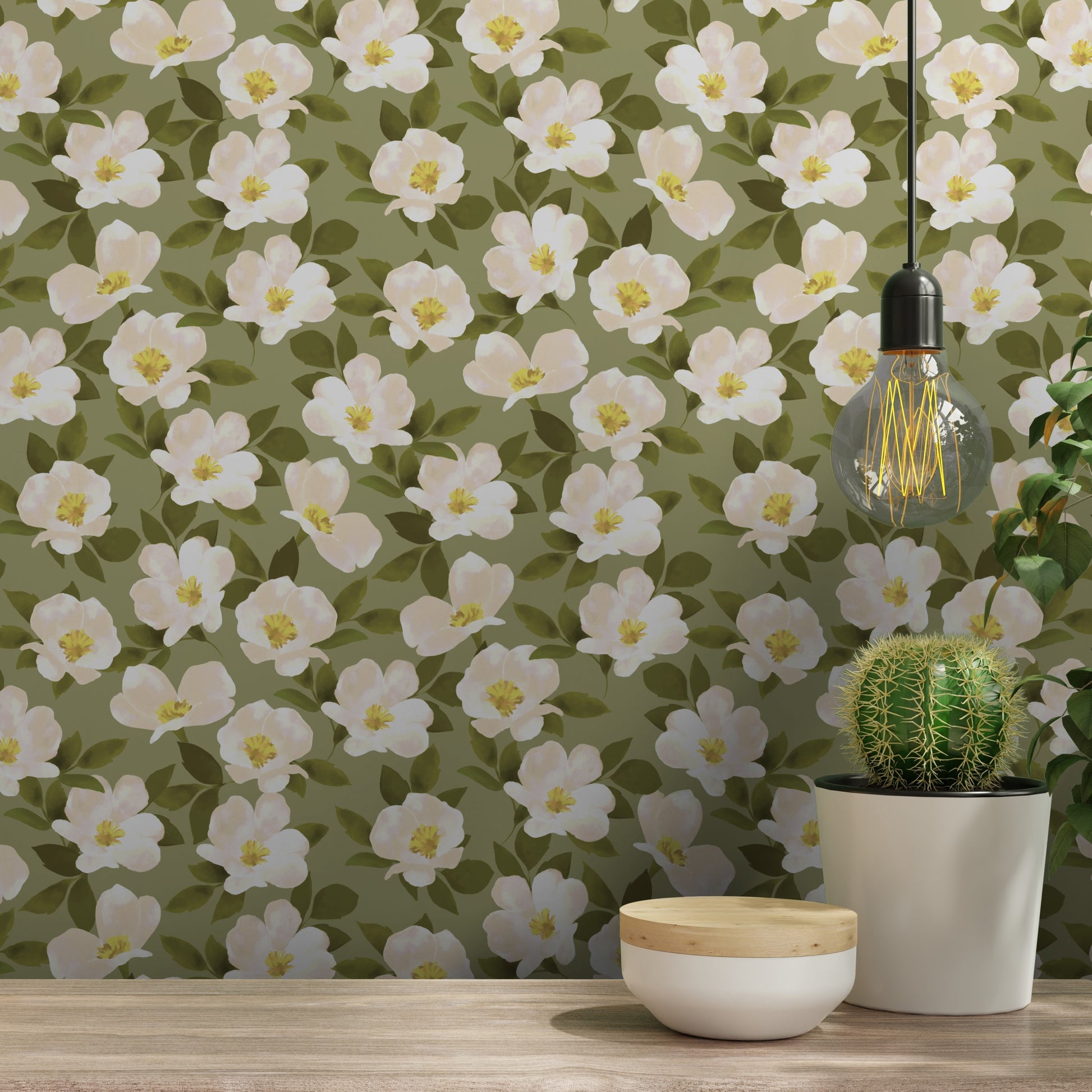 White Flower Green Floral Wallpaper