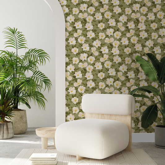 White Flower Green Floral Wallpaper