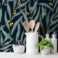 Golden Wattle Leaves Navy Floral Wallpaper