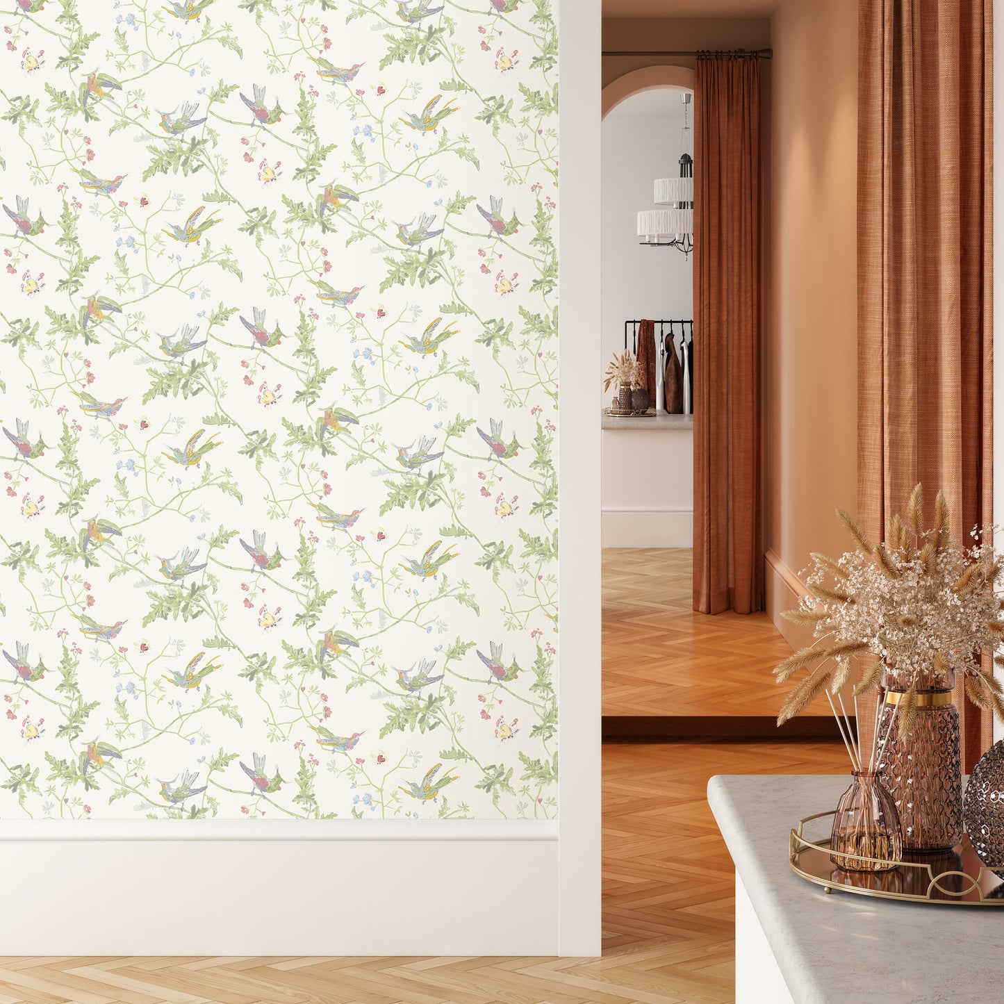 Hummingbird Floral Chinoiserie Wallpaper