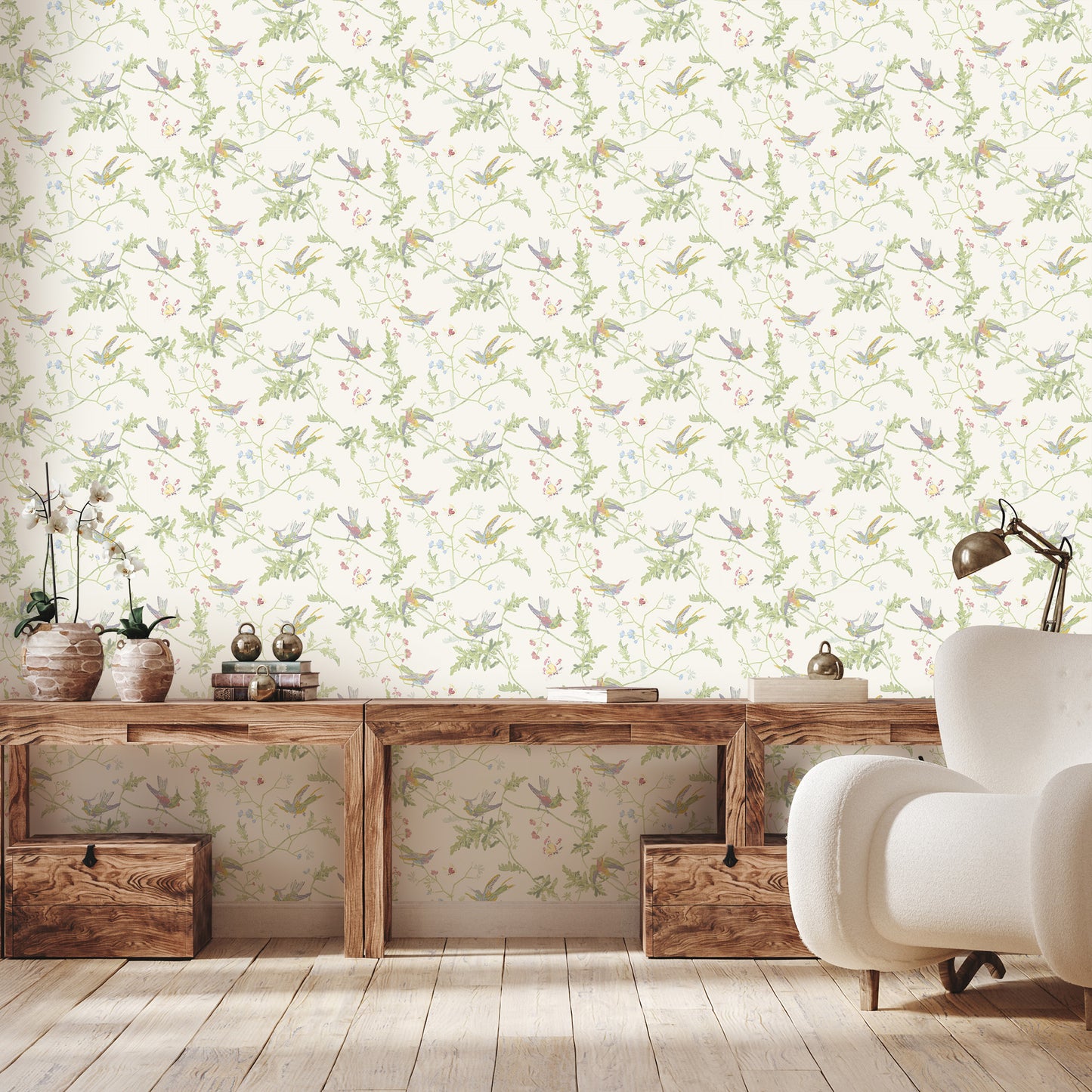 Hummingbird Floral Chinoiserie Wallpaper