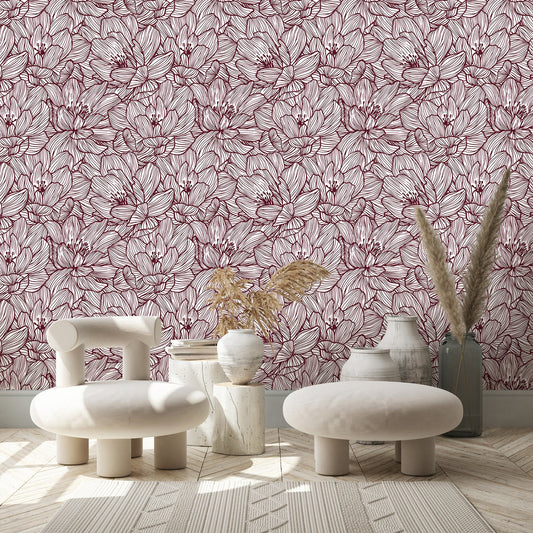  Lined Flowers Burgundy Floral Wallpaper