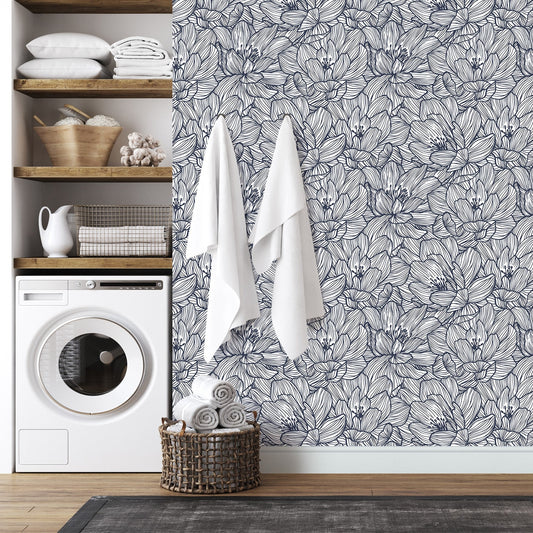 Lined Flowers Navy Floral Wallpaper