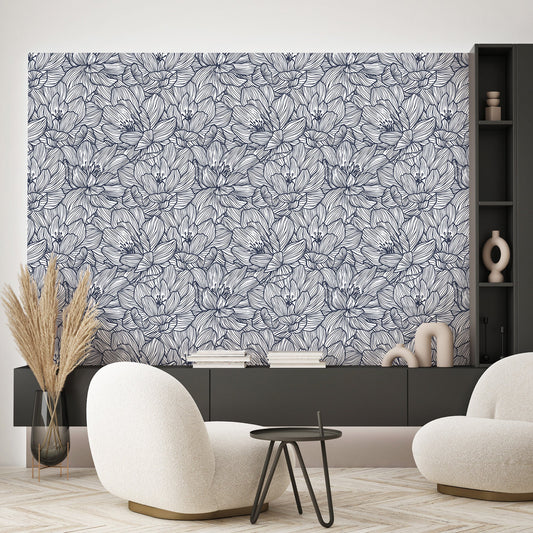 Lined Flowers Navy Floral Wallpaper